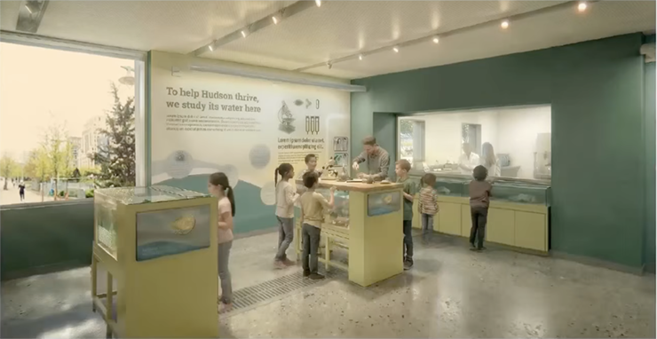 The research lab, at right, is viewable from the exhibit area. A large window, at left, looks out onto the Hudson and Piers 25 and 26. Credit: Hudson River Park Trust